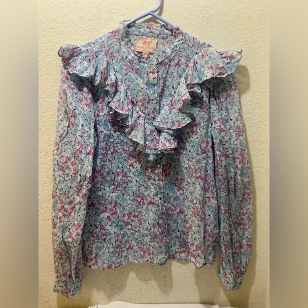 Banjanan Nina Ruffled Shirt Womens Size S Blue Floral Button Up Feminine